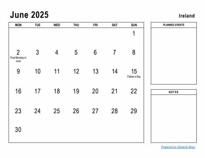 June 2025 Printable Monthly Calendar with Ireland Holidays