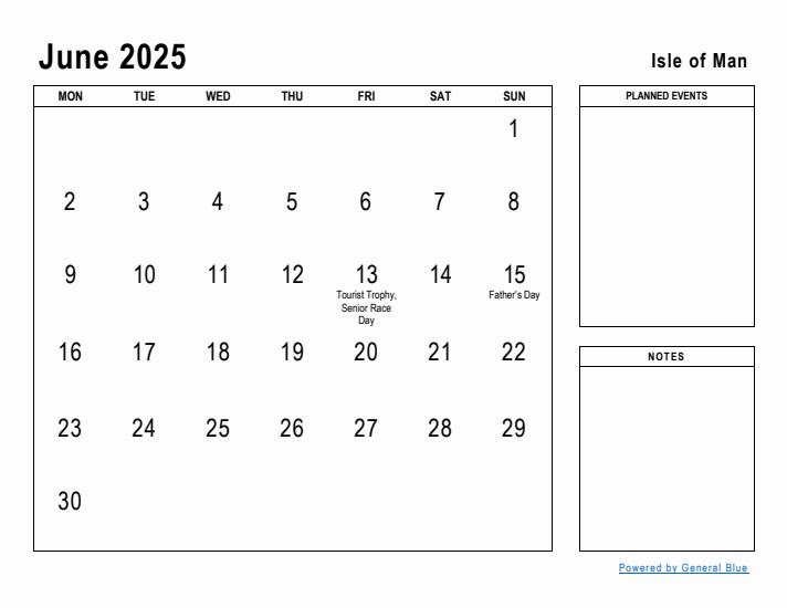 June 2025 Printable Monthly Calendar with Isle of Man Holidays