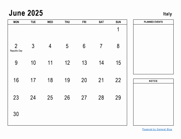 June 2025 Printable Monthly Calendar with Italy Holidays