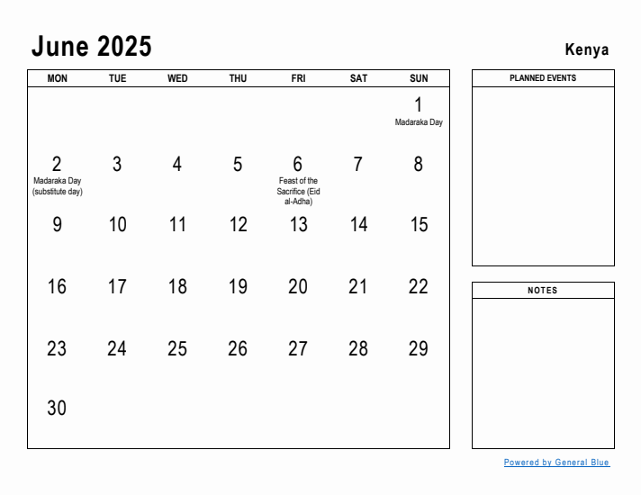 June 2025 Printable Monthly Calendar with Kenya Holidays