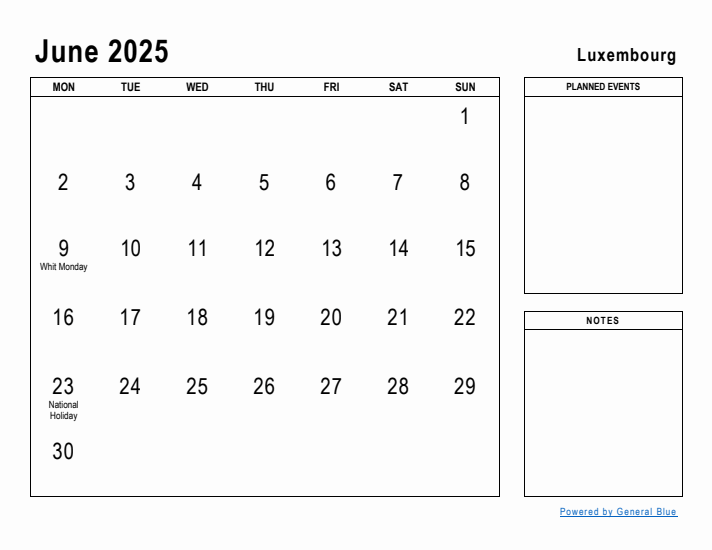 June 2025 Printable Monthly Calendar with Luxembourg Holidays