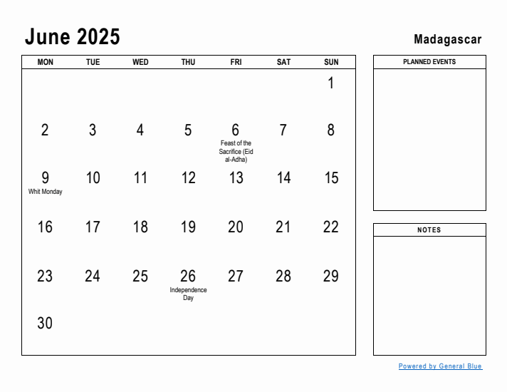 June 2025 Printable Monthly Calendar with Madagascar Holidays