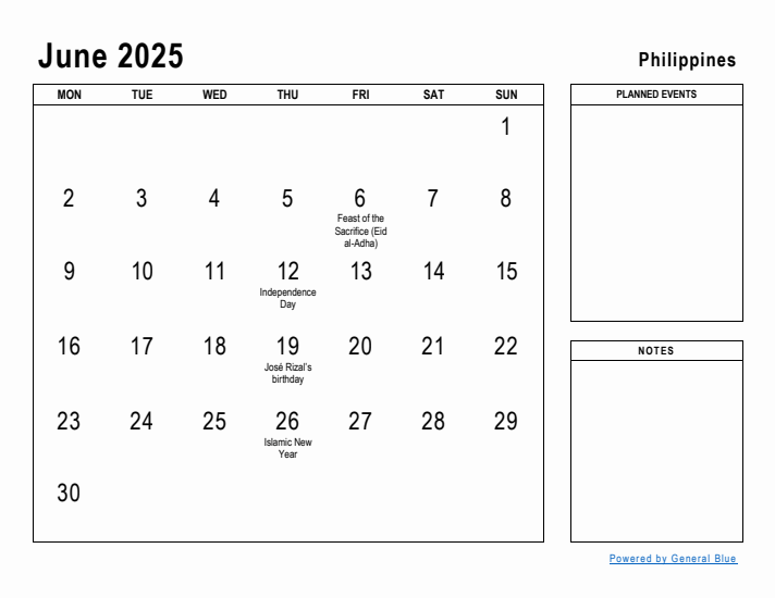 June 2025 Printable Monthly Calendar with Philippines Holidays