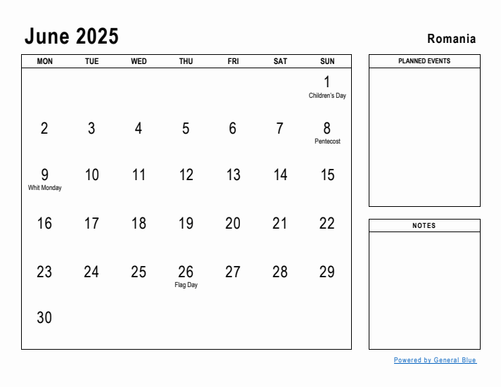 June 2025 Printable Monthly Calendar with Romania Holidays