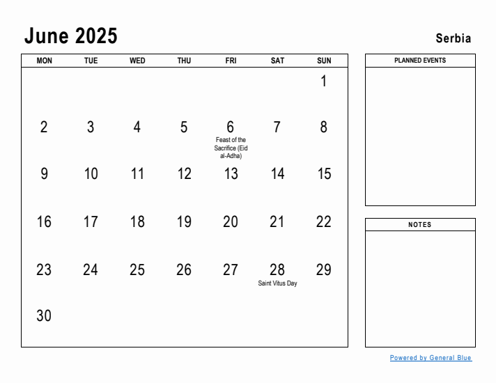 June 2025 Printable Monthly Calendar with Serbia Holidays