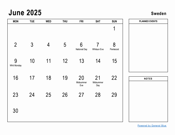 June 2025 Printable Monthly Calendar with Sweden Holidays