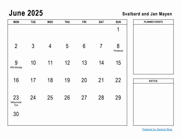 June 2025 Printable Monthly Calendar with Svalbard and Jan Mayen Holidays