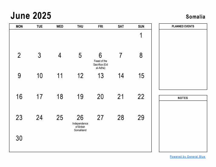 June 2025 Printable Monthly Calendar with Somalia Holidays