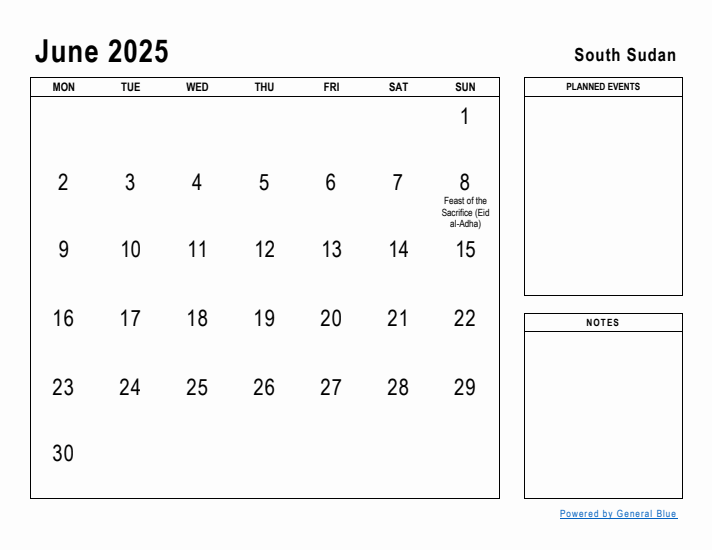 June 2025 Printable Monthly Calendar with South Sudan Holidays