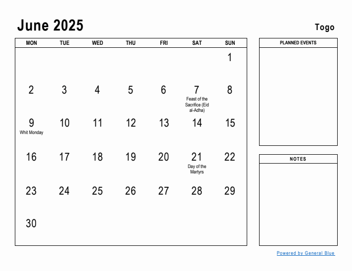 June 2025 Printable Monthly Calendar with Togo Holidays