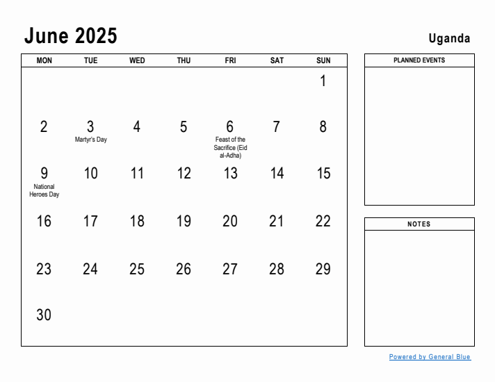 June 2025 Printable Monthly Calendar with Uganda Holidays