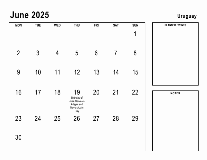 June 2025 Printable Monthly Calendar with Uruguay Holidays