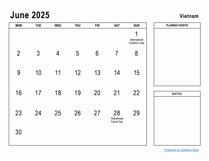 June 2025 Printable Monthly Calendar with Vietnam Holidays