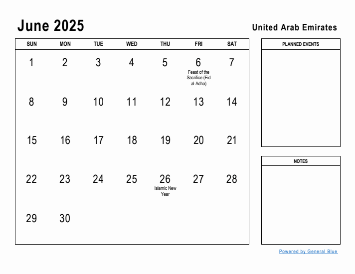 June 2025 Printable Monthly Calendar with United Arab Emirates Holidays