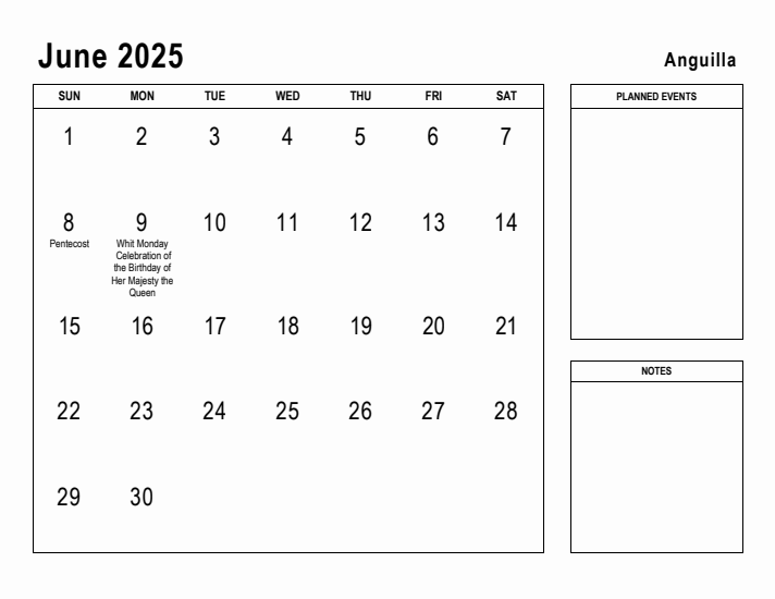 June 2025 Printable Monthly Calendar with Anguilla Holidays