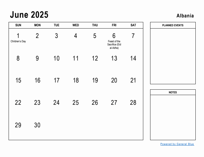 June 2025 Printable Monthly Calendar with Albania Holidays