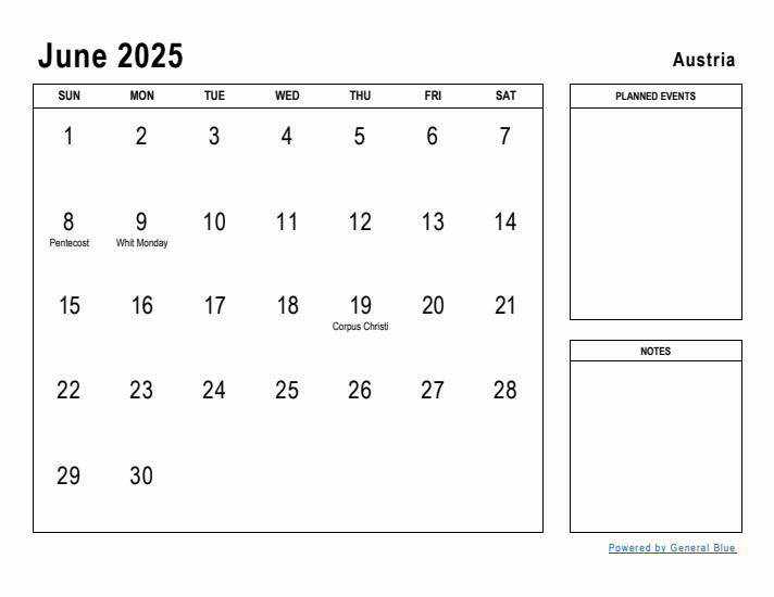 June 2025 Printable Monthly Calendar with Austria Holidays