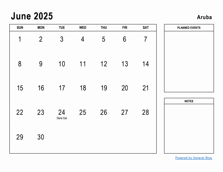 June 2025 Printable Monthly Calendar with Aruba Holidays