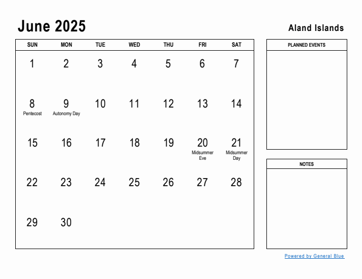 June 2025 Printable Monthly Calendar with Aland Islands Holidays