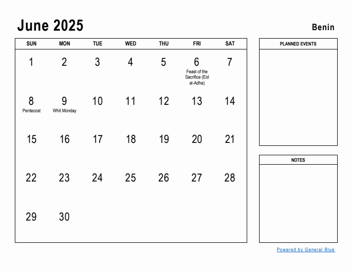 June 2025 Printable Monthly Calendar with Benin Holidays