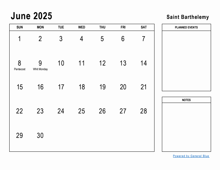 June 2025 Printable Monthly Calendar with Saint Barthelemy Holidays