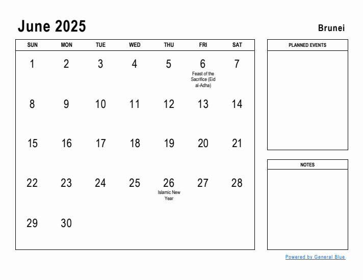 June 2025 Printable Monthly Calendar with Brunei Holidays