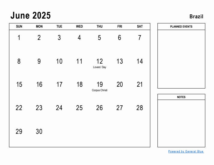 June 2025 Printable Monthly Calendar with Brazil Holidays