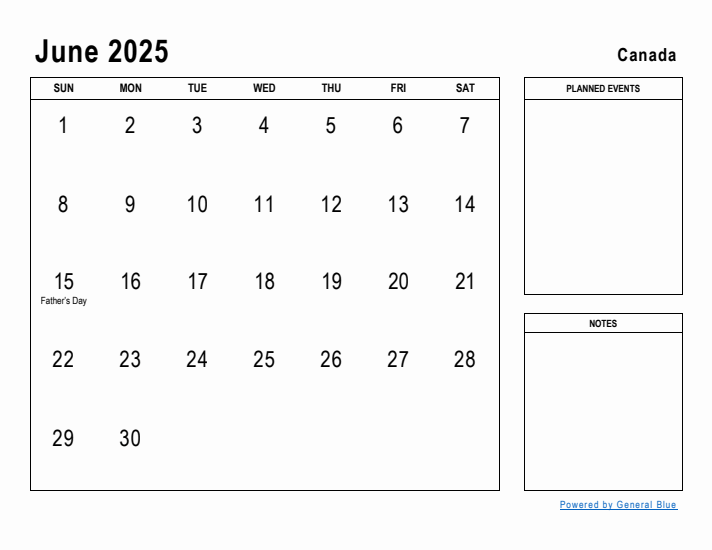 June 2025 Printable Monthly Calendar with Canada Holidays