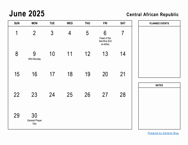 June 2025 Printable Monthly Calendar with Central African Republic Holidays