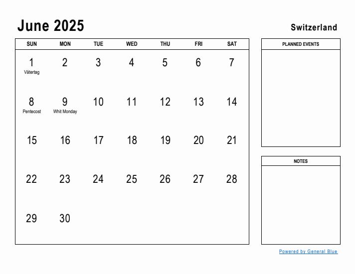 June 2025 Printable Monthly Calendar with Switzerland Holidays