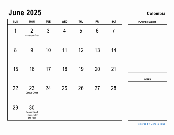 June 2025 Printable Monthly Calendar with Colombia Holidays