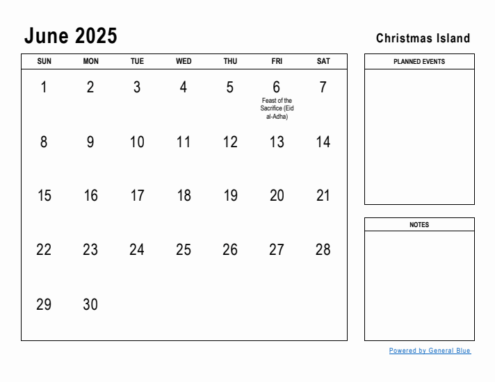 June 2025 Printable Monthly Calendar with Christmas Island Holidays