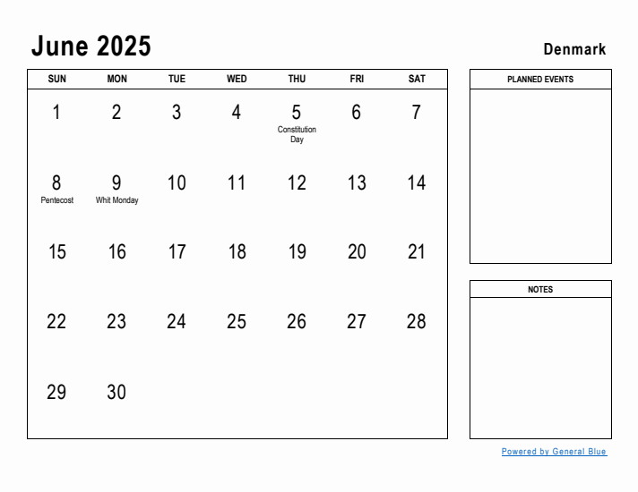 June 2025 Printable Monthly Calendar with Denmark Holidays