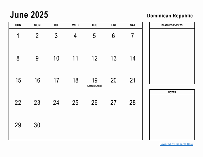 June 2025 Printable Monthly Calendar with Dominican Republic Holidays