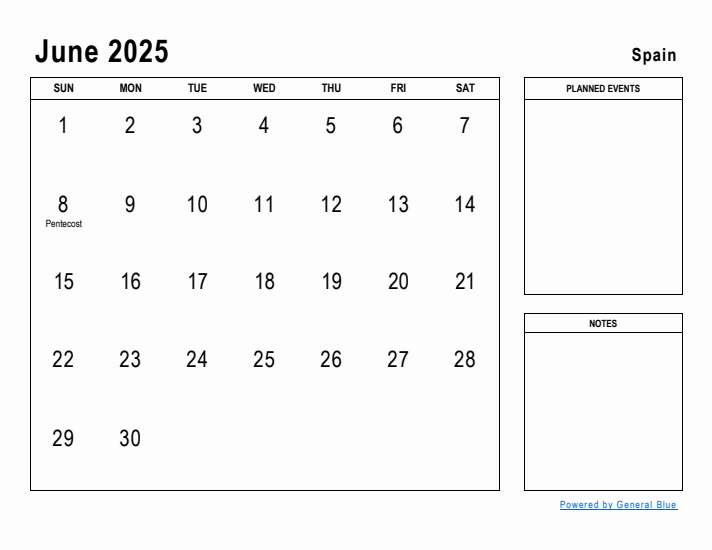 June 2025 Printable Monthly Calendar with Spain Holidays