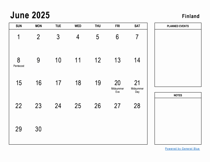 June 2025 Printable Monthly Calendar with Finland Holidays