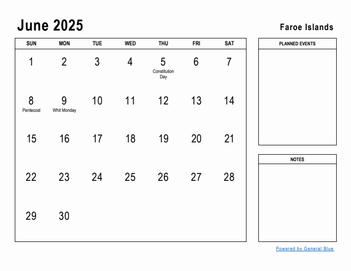 June 2025 Printable Monthly Calendar with Faroe Islands Holidays