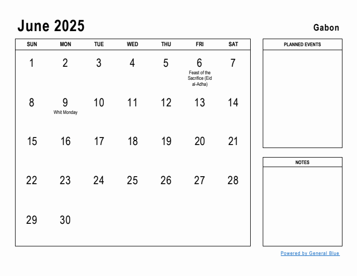 June 2025 Printable Monthly Calendar with Gabon Holidays