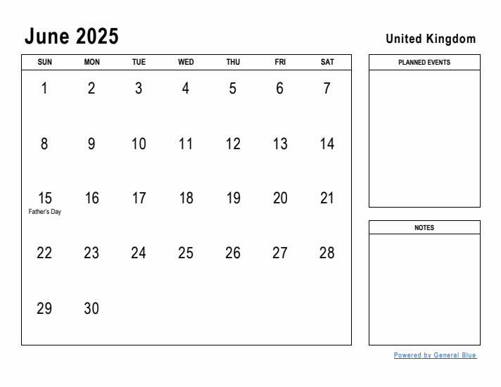 June 2025 Printable Monthly Calendar with United Kingdom Holidays