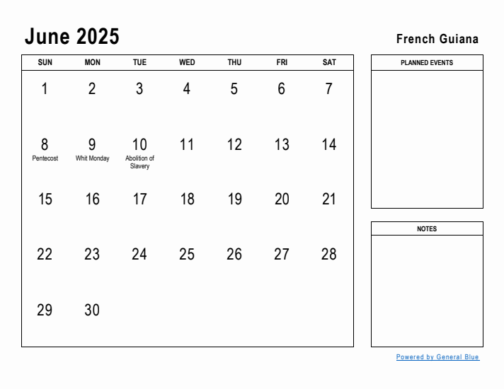 June 2025 Printable Monthly Calendar with French Guiana Holidays