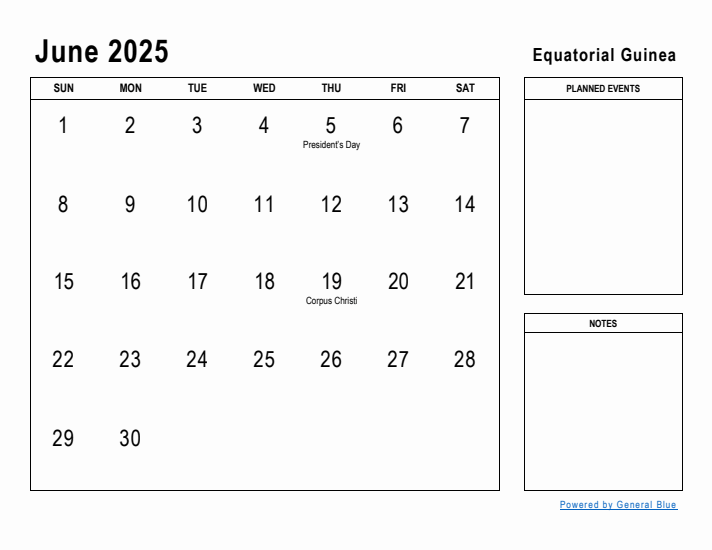 June 2025 Printable Monthly Calendar with Equatorial Guinea Holidays