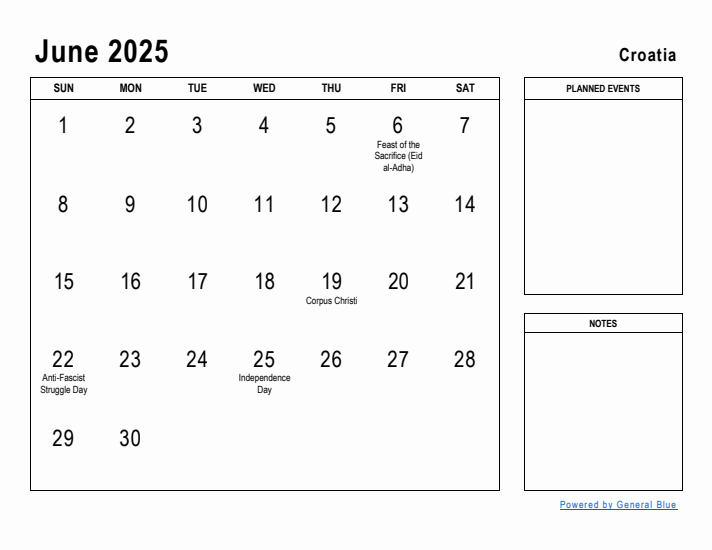 June 2025 Printable Monthly Calendar with Croatia Holidays