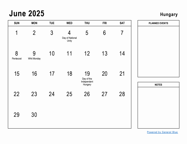 June 2025 Printable Monthly Calendar with Hungary Holidays