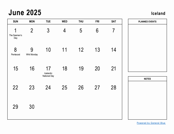 June 2025 Printable Monthly Calendar with Iceland Holidays