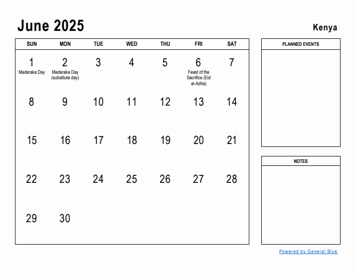 June 2025 Printable Monthly Calendar with Kenya Holidays