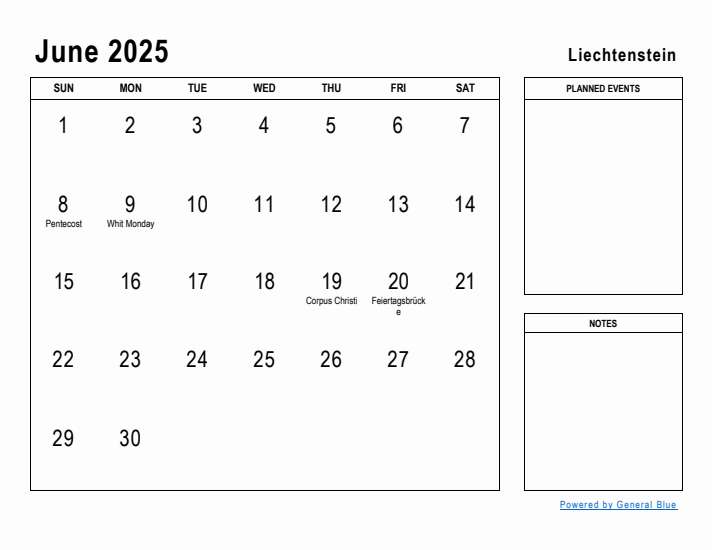 June 2025 Printable Monthly Calendar with Liechtenstein Holidays