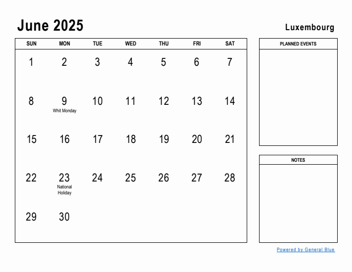 June 2025 Printable Monthly Calendar with Luxembourg Holidays