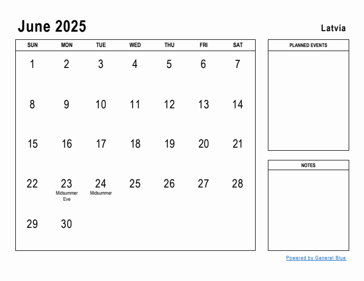 June 2025 Printable Monthly Calendar with Latvia Holidays