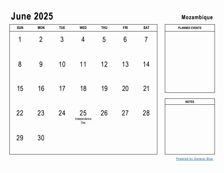 June 2025 Printable Monthly Calendar with Mozambique Holidays