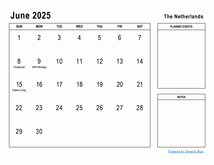 June 2025 Printable Monthly Calendar with The Netherlands Holidays